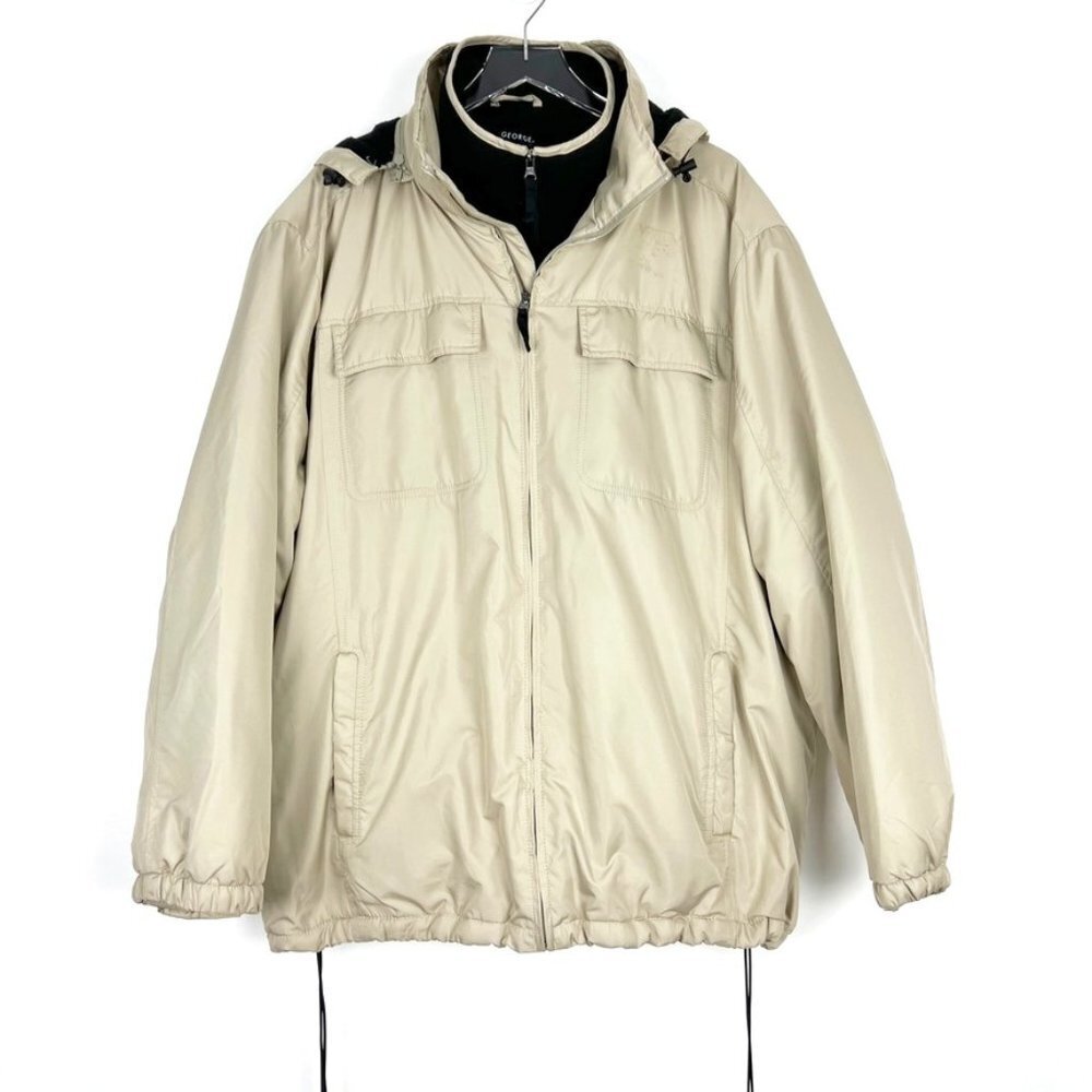 George Jacket Mens 2XL Khaki Fleece Lined Removable Hood Cozy Utility Trench